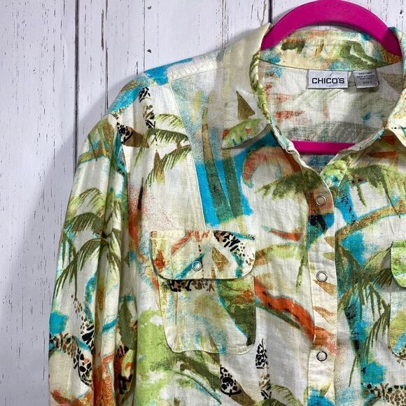 Vintage Chicos 100% Linen Tropical Snap Button Shirt Size L Coastal Grandma 90s - Picture 2 of 16